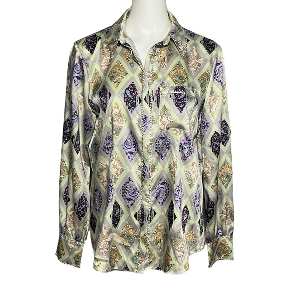 Cinq A Sept Womens Satiny Rhinestone Hidden Button Down Shirt Purple Size Medium - Picture 1 of 9